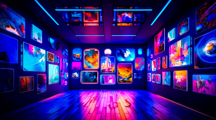 An art gallery with many colorful paintings on the wall. Generative AI. - obrazy, fototapety, plakaty