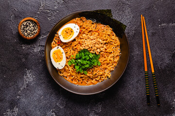 Korean style instant noodle, Shin Ramyeon with peanut and egg.