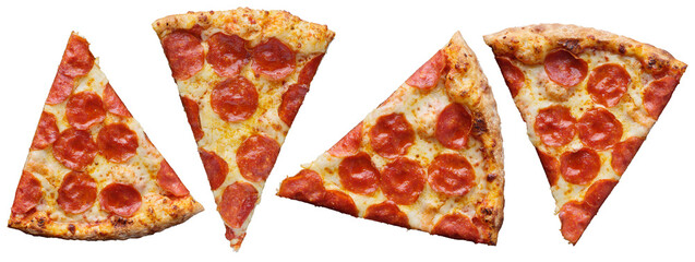 slices of pepperoni pizza at different angles isolated and shot from top down view on transparent background- 582794633