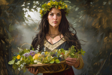 Beautiful Girl Collecting Medicinal Herbs in Basket for Beltane May 1st Celebration.  A lovely woman wearing traditional clothes, wrath of flowes, gathers a medicinal herbs in a basket. 