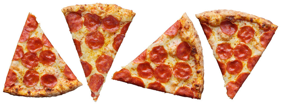 slices of pepperoni pizza at different angles isolated and shot from top down view on transparent background

