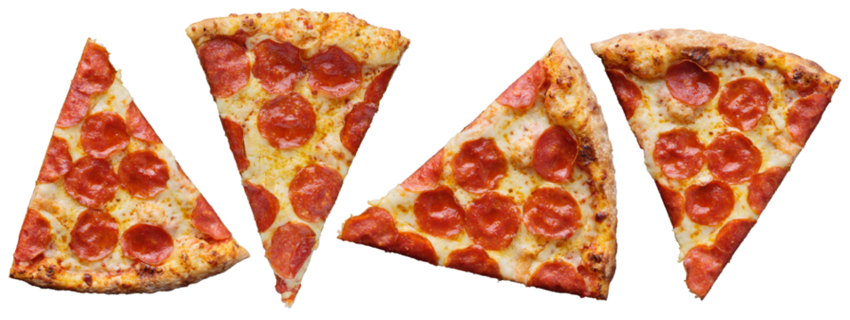 slices of pepperoni pizza at different angles isolated and shot from top down view on transparent background

