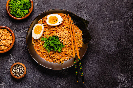 Korean style instant noodle, Shin Ramyeon with peanut and egg.