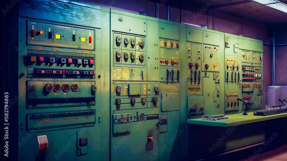 Aufkleber room with large control panel in it. generative ai.