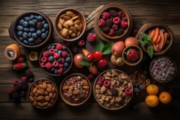 Obraz na płótnie Canvas A top view selection of healthy food, superfoods, fruits and seeds - generative ai 