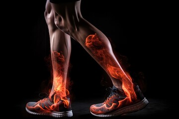Fototapeta na wymiar Fire and Power, Side view of a jogger legs with isolated on a black background. Sports and fitness concept - generative ai