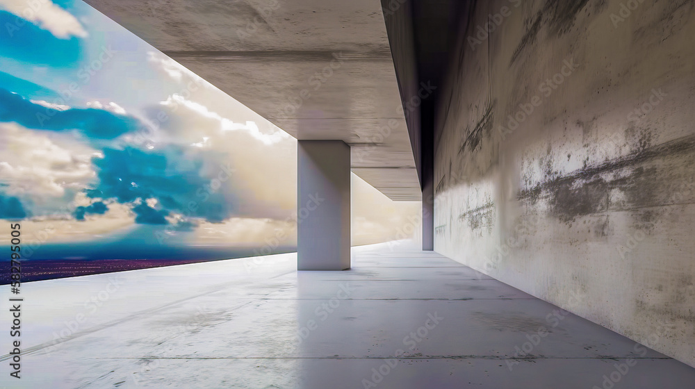 Aufkleber an empty concrete room with view of the sky. generative ai.