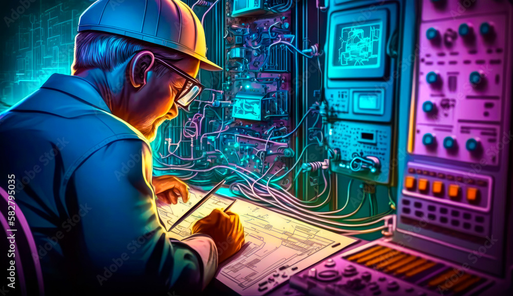 Aufkleber an illustration of man in hard hat working on computer. generative ai.