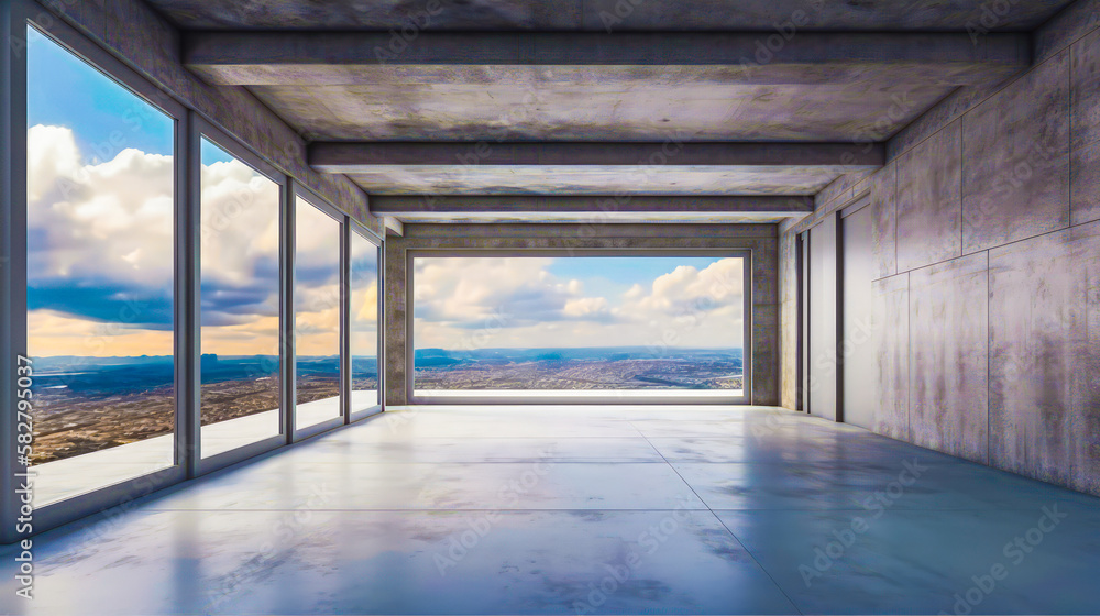 Aufkleber an empty room with large windows and view of the city. generative ai.