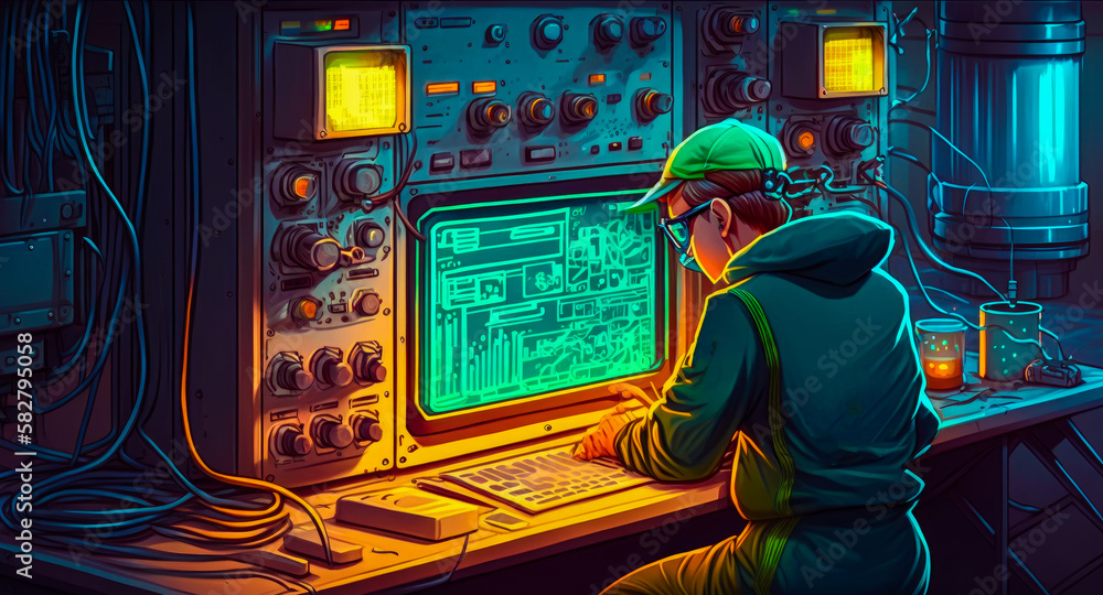 Poster an illustration of man working on computer. generative ai.