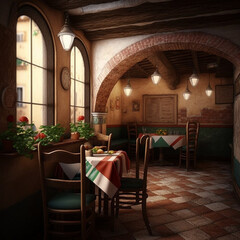 Fototapeta na wymiar Interior of an Italian restaurant. Generative AI.