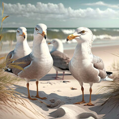 Seagulls on the beach. Generative AI.