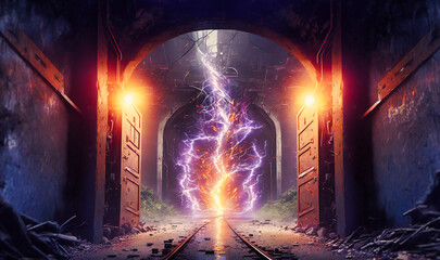 A high-energy and electrifying tunnel with bolts of lightning and electric sparks