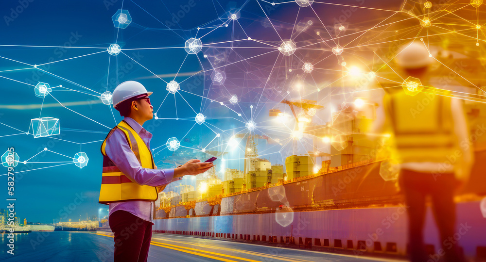 Poster man in hard hat is looking at the screen. generative ai.