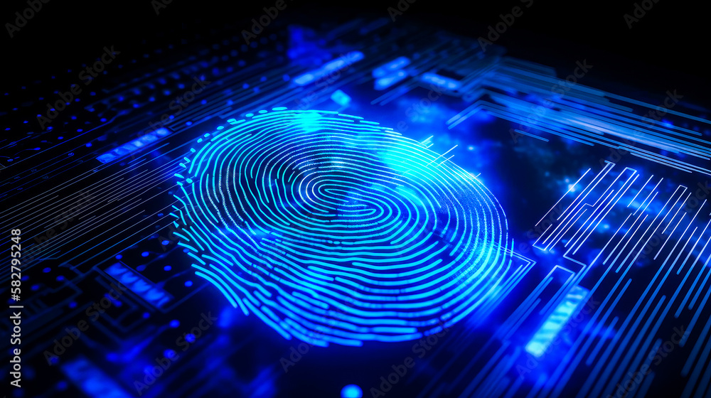 Poster an image of fingerprint on circuit board. generative ai.