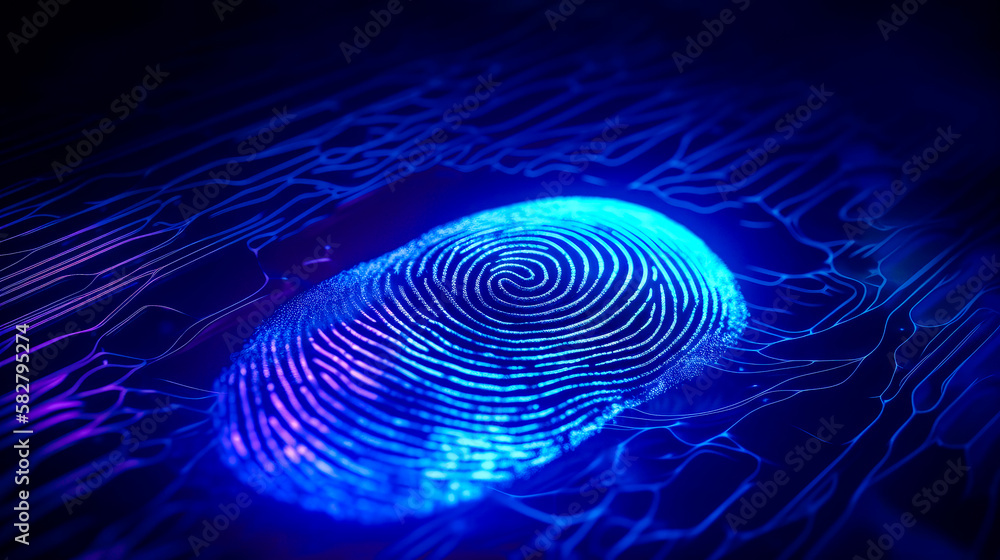 Poster an image of fingerprint with blue light. generative ai.