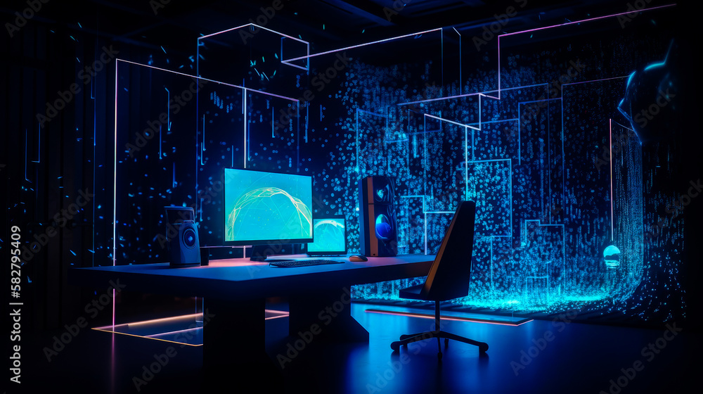 Poster computer desk in dark room with glowing lights. generative ai.