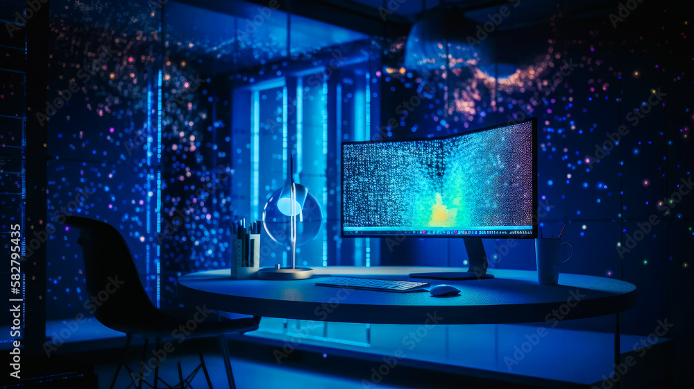 Aufkleber computer screen in dark room with stars on it. generative ai.