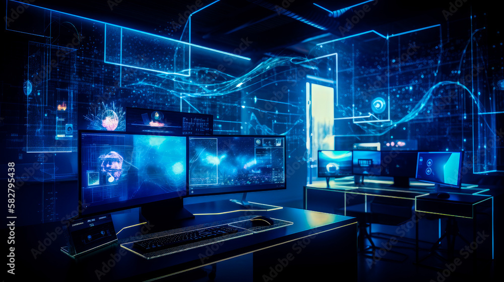 Poster dark room with computers and monitors. generative ai.