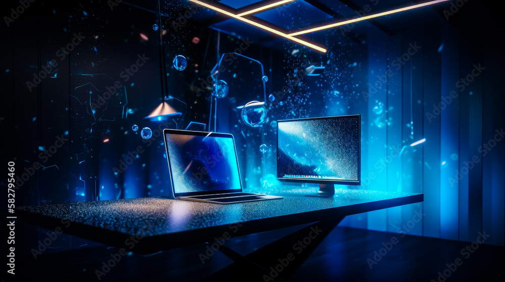 Poster two computer monitors on desk in dark room. generative ai.