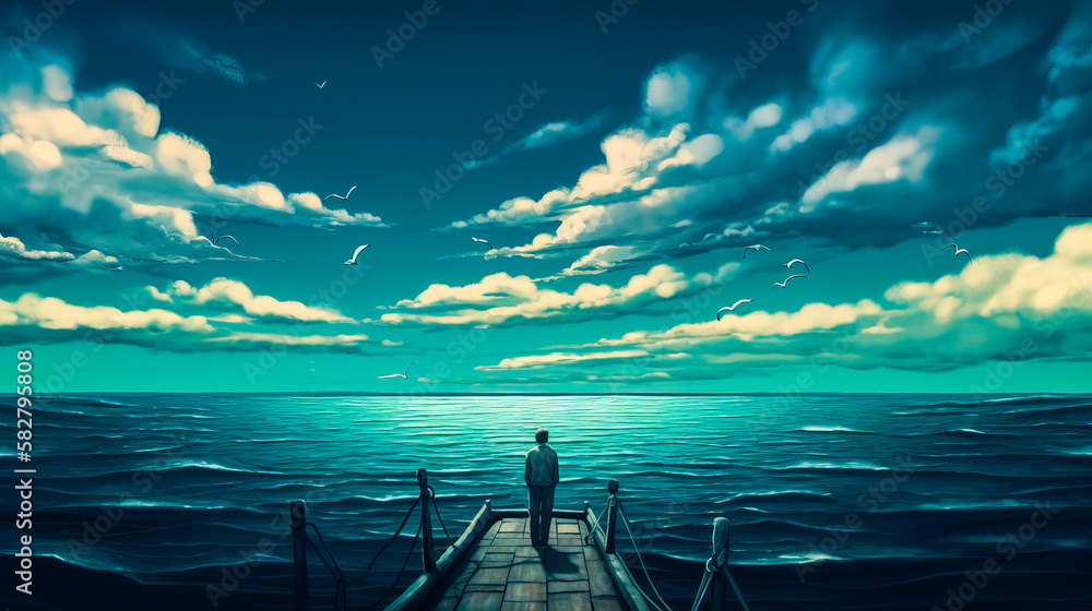 Poster man standing on pier looking out over the ocean. generative ai.