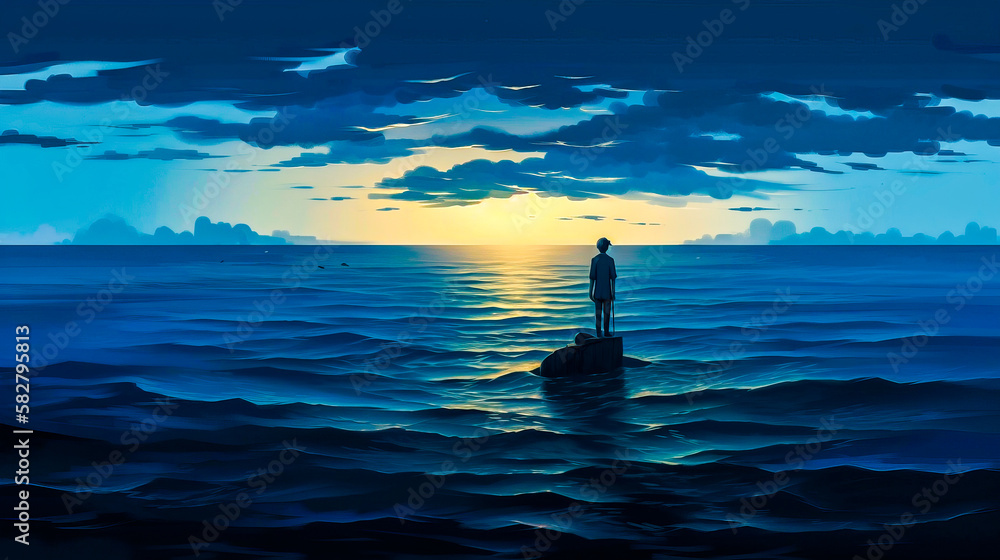Poster man standing on rock in the middle of the ocean at night. generative ai.