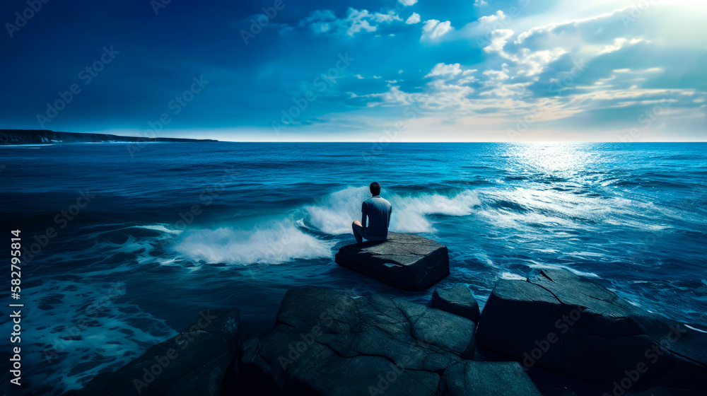 Aufkleber man sitting on rock in the middle of the ocean. generative ai.