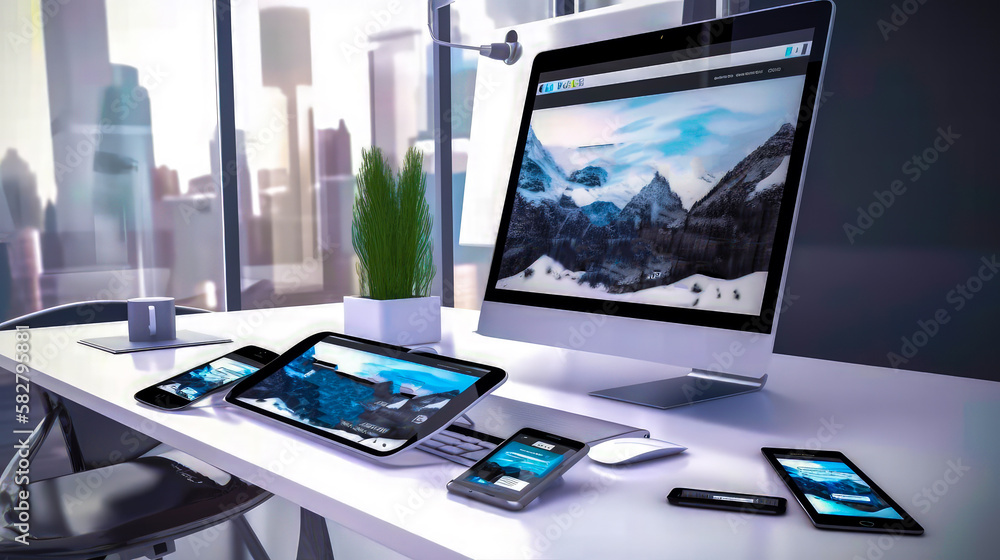 Aufkleber desktop computer, tablet and smartphone are displayed on desk. generative ai.
