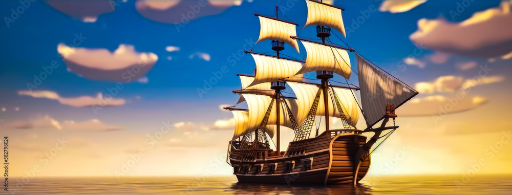 Poster an animated image of ship sailing in the ocean. generative ai.