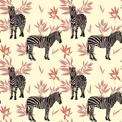 vector seamless texture, image of zebra in palm leaves, summer print on fabric, african exotic. Exotic jungle wallpaper. - 582796032