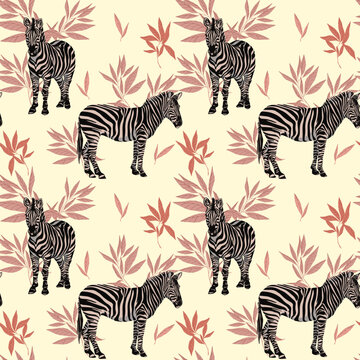 vector seamless texture, image of zebra in palm leaves, summer print on fabric, african exotic. Exotic jungle wallpaper.