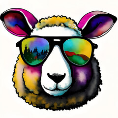 Watercolor sheep in sunglasses.  Generative AI