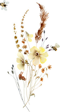 Wildflowers, herbs boho bouquet painted in watercolor. Subtle, delicate, wild flowers. Dried pampas grass floral design. Botanical boho elements isolated on white. Wedding invitation, greeting card