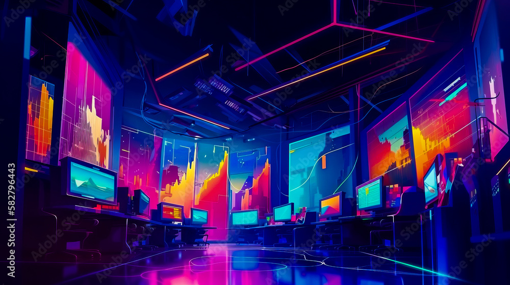 Poster an image of computer room with neon lights. generative ai.
