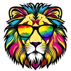 Colorful drawing of a lion wearing sunglasses in a watercolor art style.  Generative AI.