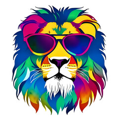 Colorful drawing of a lion wearing sunglasses in a watercolor art style.  Generative AI.