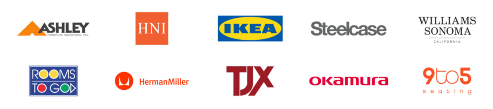 Top 10 furniture brands in the world. Set of logos. Ashley, HNI, ikea, Steelcase, Williams Sonoma. VINNITSA, UKRAINE - DECEMBER 17, 2022