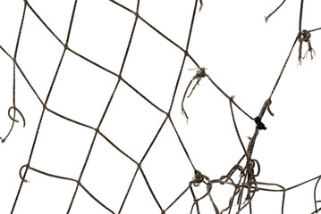 Football or tennis net. Torn rope mesh with holes on a white background close-up.