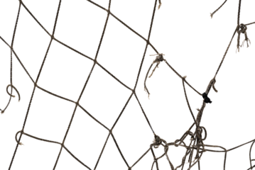 Football or tennis net. Torn rope mesh with holes on a white background close-up.