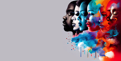 Different abstract faces. Ethnic diversity of nationalities. AI generative..