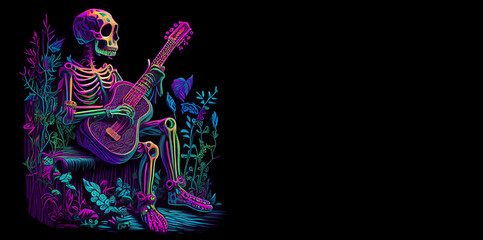 Multicolored skeleton playing an acoustic guitar. AI generative.
