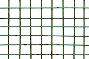 The texture of the metal mesh. Torn, destroyed, broken metal mesh on a white background