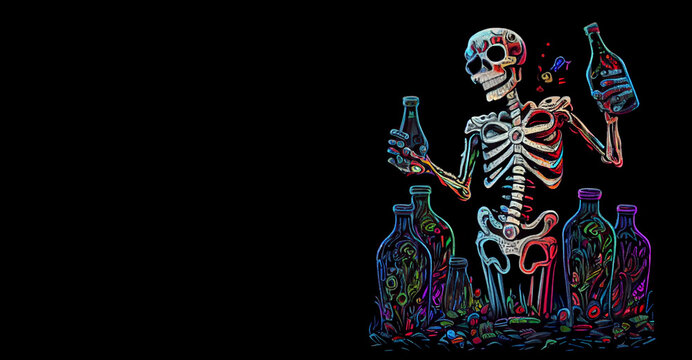 Multicolored skeleton drinking cocktail with big bottle. AI generative.