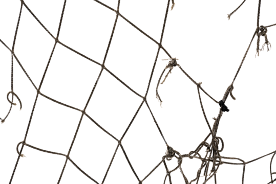 Football or tennis net. Torn rope mesh with holes on a white background close-up.