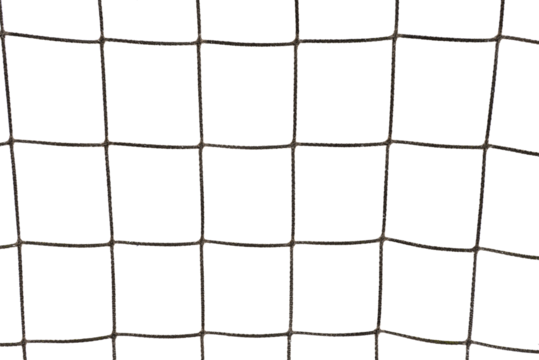 Football or tennis net. Torn rope mesh with holes on a white background close-up.