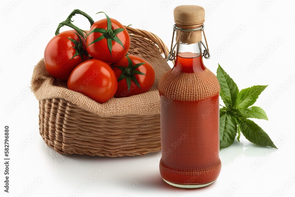 Poster tomato juice bottle on a white background with a wicker mat. generative ai