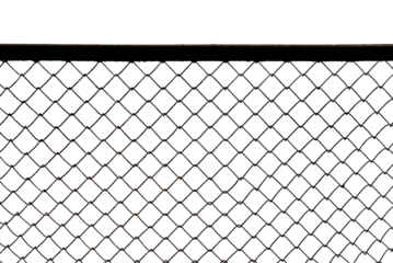 The texture of the metal mesh. Torn, destroyed, broken metal mesh on a white background