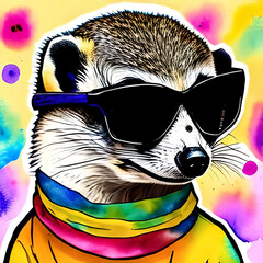 Happy meerkat in sunglasses, watercolor drawing.  Generative AI.