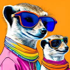 Two meerkats in sunglasses drawing watercolor.  Generative AI.