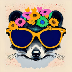 A happy meerkat with a flower wreath on his head and wearing sunglasses, watercolor illustration.  Generative AI.